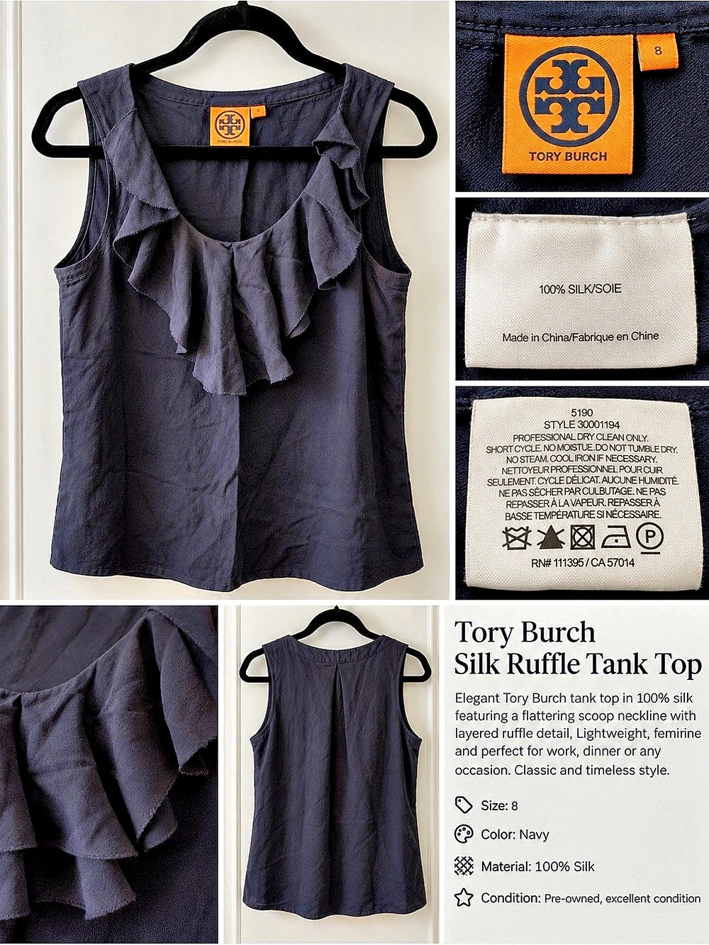 Tory Burch Silk Ruffle Tank Top Blue Size 8